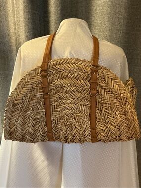 Bay Studio Natural Straw Tote with Tan Leather Straps and Rivet Accents